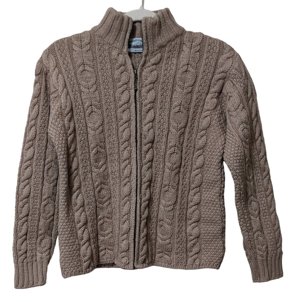 Aran Crafts Ireland merino wool tan zip close cardigan fisherman cable knit S - Picture 7 of 9